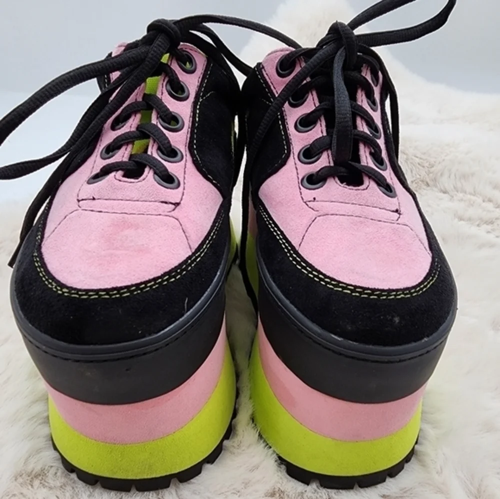 Y2K horoscope 90s HUGE neon chunky platform heel in pink green and black, velvet